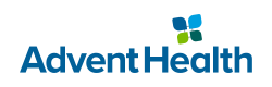 AdventHealth logo with the text 'AdventHealth' in blue and a four-petal flower-like symbol in shades of blue and green to the upper right of the text.